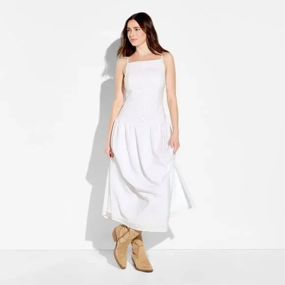 Wild Fable - Women's High Neck Dropped Waist Midi A-Line Dress  White - Picture 2 of 3